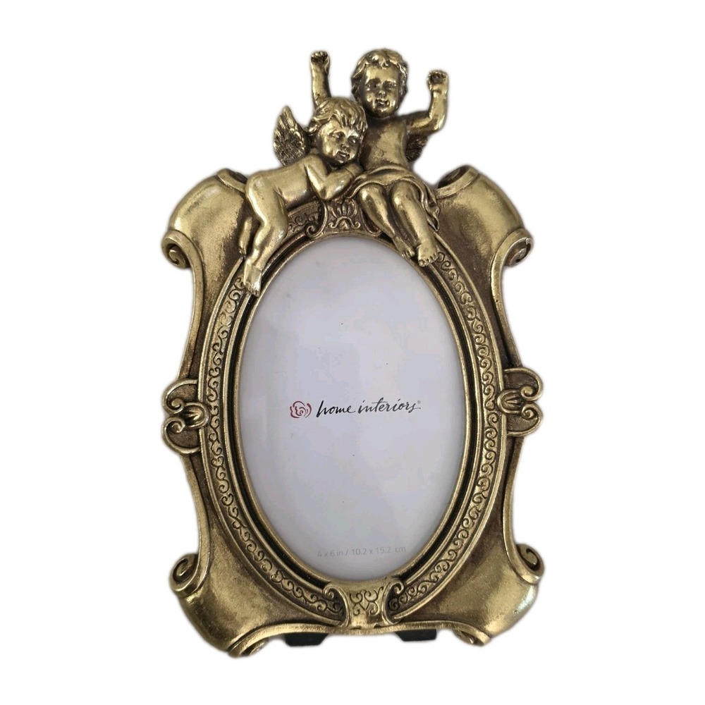 VTG Home Interiors Gold Cherub Picture Frame Ornate Angel 4x6 Baroque Rococo